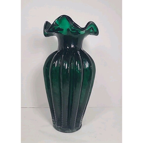 Vintage Emerald Green Swirl Ruffle Glass Vase Spiral Ruffled 10" - Picture 3 of 8